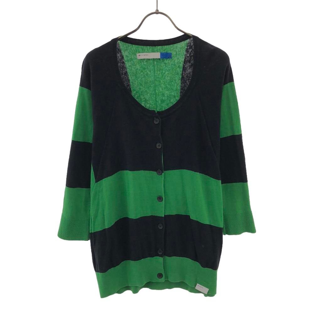 adidas Originals アディダスオリジナルス トレフォイルロゴ ボーダー柄 長袖 ニットカーディガン M グリーン×ブラック