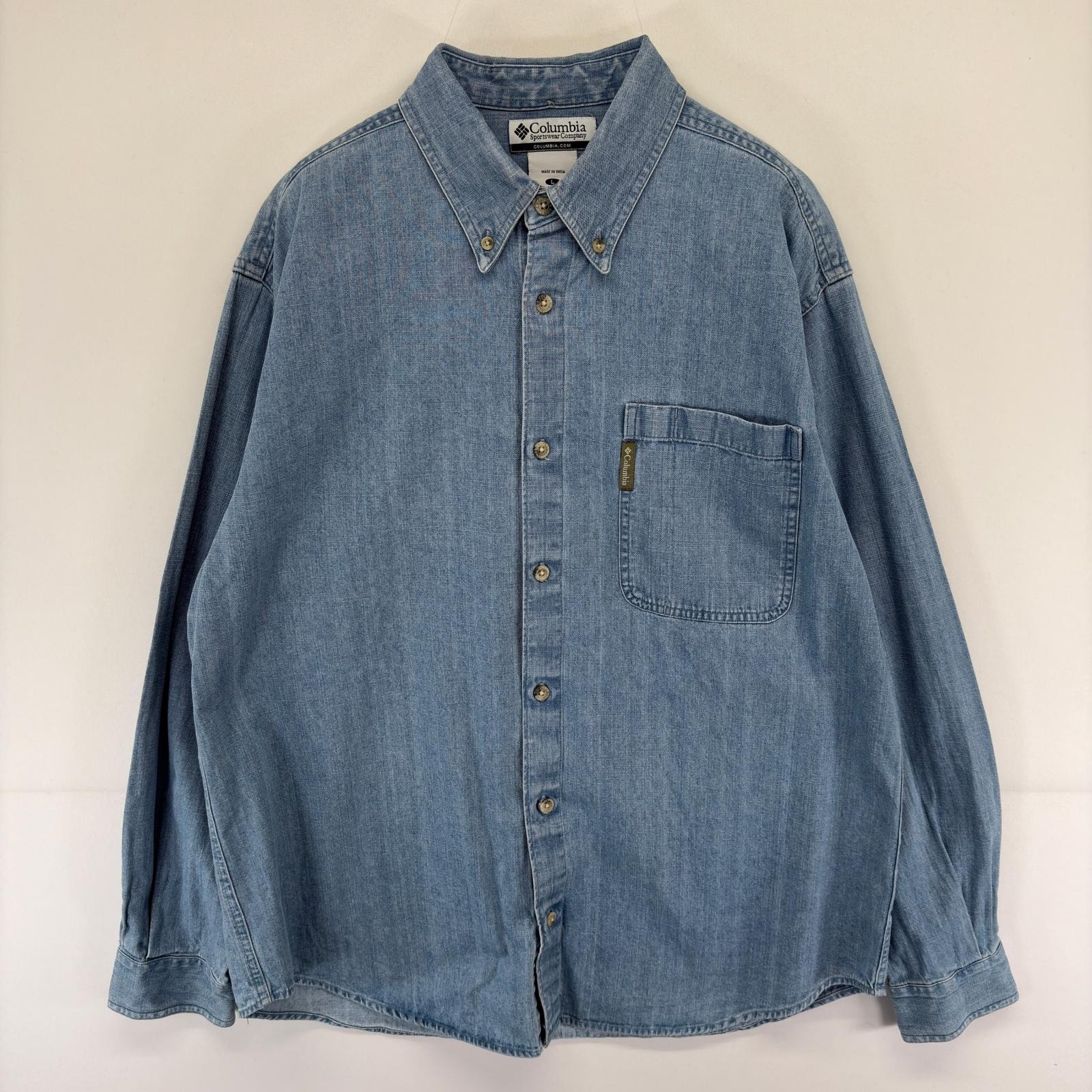 古着 コロンビア Columbia デニム 長袖シャツ ボタンダウン ワンポイントロゴ 胸ポケット L ブルー系 メンズ