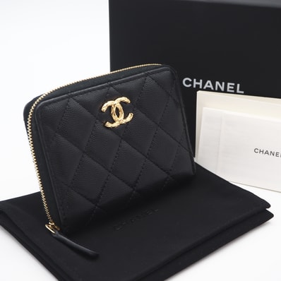 極美品 CHANEL シャネル マトラッセ ココマーク 二つ折り財布 AP5016 二つ折り財布 ブラック ゴールド キャビアスキン レディース