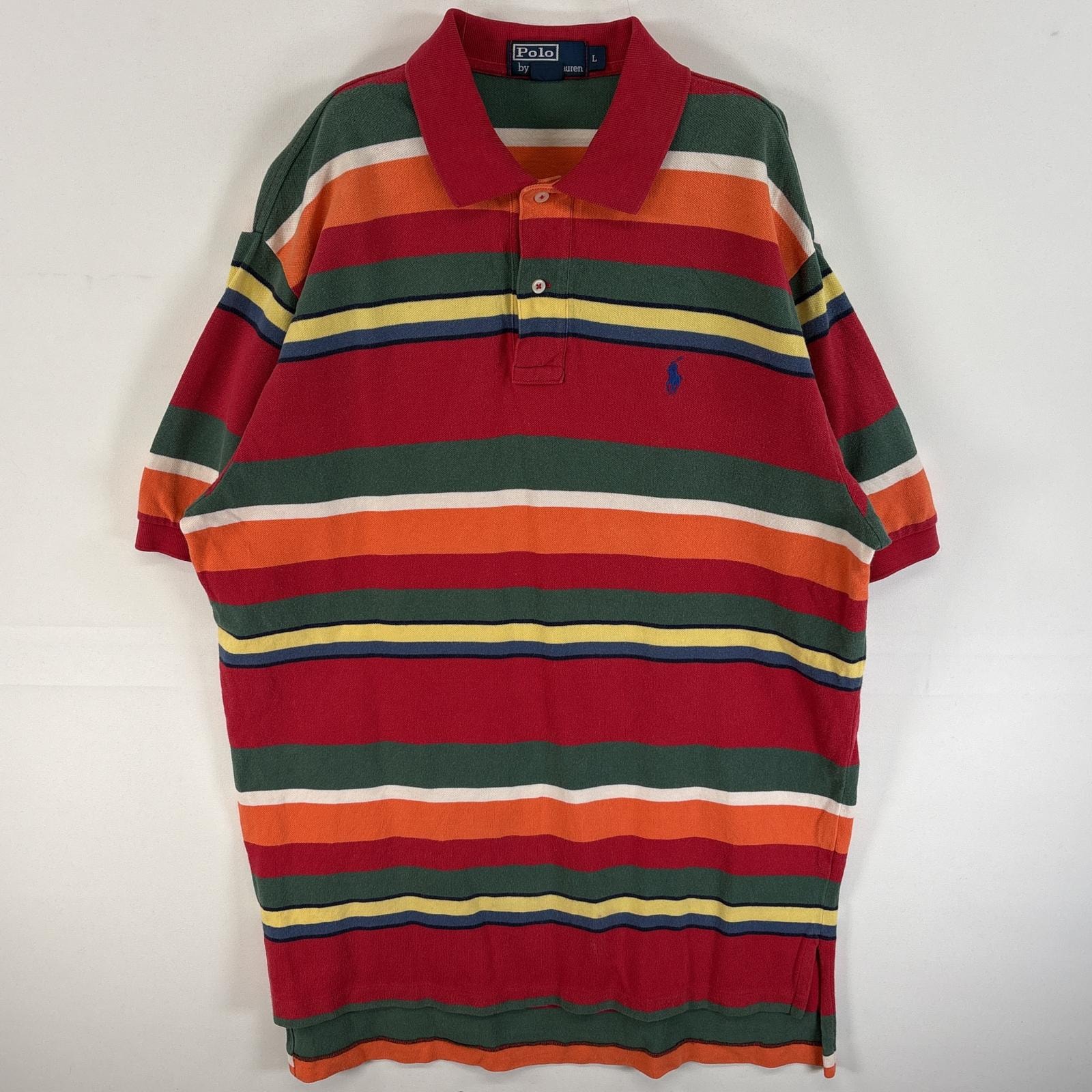 古着 90's/90年代 ポロバイラルフローレン Polo by Ralph Lauren 鹿の子 半袖 ポロシャツ ワンポイント ロゴ 刺繍 2ボタン ボーダー L  レッド系 マルチカラー メンズ