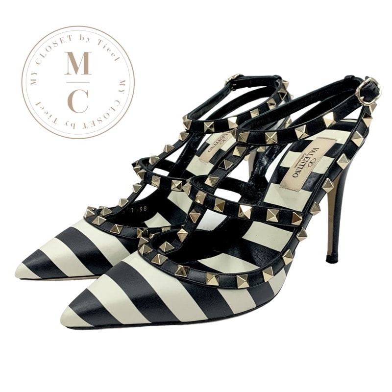 ヴァレンティノ VALENTINO パンプス 靴 シューズ レザー ブラック ホワイト ゴールド ロックスタッズ ボーダー バイカラー