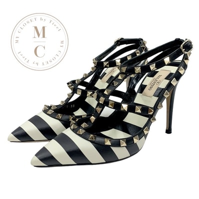 ヴァレンティノ VALENTINO パンプス 靴 シューズ レザー ブラック ホワイト ゴールド ロックスタッズ ボーダー バイカラー