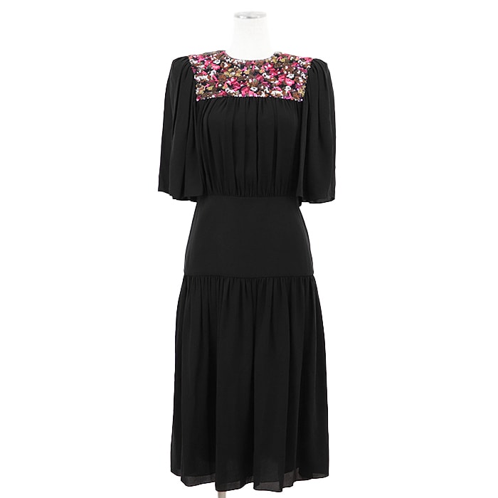 【極美品】LOUIS VUITTON ルイ・ヴィトン ワンピース 2019AW シルクシフォン カモフラージュスパンコール ギャザー フレアスリーブ バックジップ ドレープ ドレス レディース サイズ 36 ブラック カモフラ 黒 フランス製