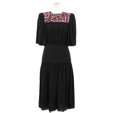 【極美品】LOUIS VUITTON ルイ・ヴィトン ワンピース 2019AW シルクシフォン カモフラージュスパンコール ギャザー フレアスリーブ バックジップ ドレープ ドレス レディース サイズ 36 ブラック カモフラ 黒 フランス製