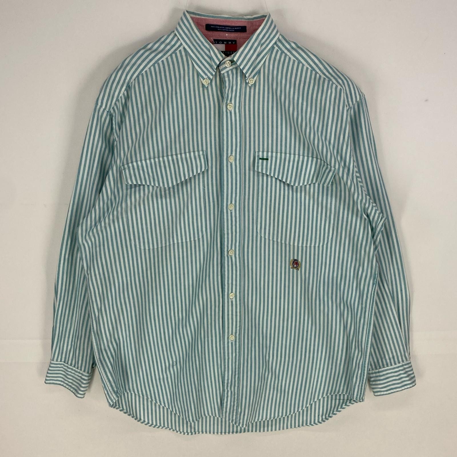 古着 90's/90年代 トミーヒルフィガー TOMMY HILFIGER 長袖シャツ ボタンダウン ワンポイント ポケット S ブルー系 ストライプ メンズ