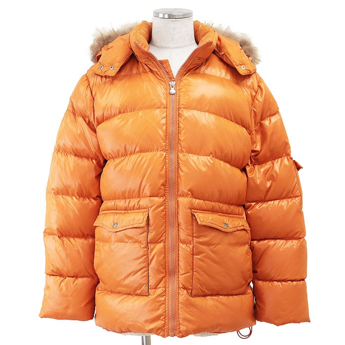【SALE】Pyrenex ピレネックス ダウンジャケット フード&ファー取外可 ロゴ 雪結晶 ワッペン ボタン ボックスキルト ユーティリティポケット ポリアミド100% アウター メンズ サイズ Large オレンジ 橙色
