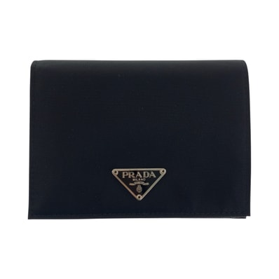 美品 PRADA プラダ テスート サフィアーノ 三角ロゴプレート ブラック 黒 シルバー金具 ナイロン レザー/ 折財布 コンパクトウォレット 600074 【中古】