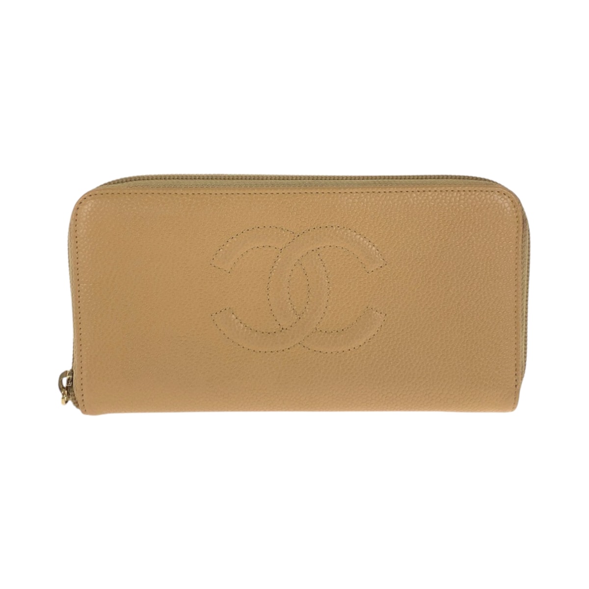 美品 CHANEL シャネル ココマーク ベージュ ゴールド金具 キャビアスキン 長財布 ラウンドファスナー 600842 【中古】