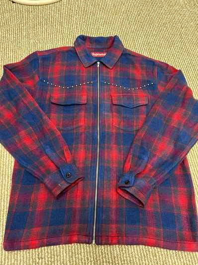 Supreme Studded Shadow Plaid Zip Up Shirt "Navy"
