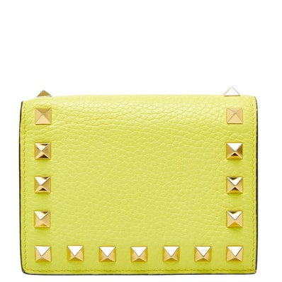 ヴァレンティノ ロックスタッズ 二つ折り財布 イエロー レザー レディース VALENTINO 中古