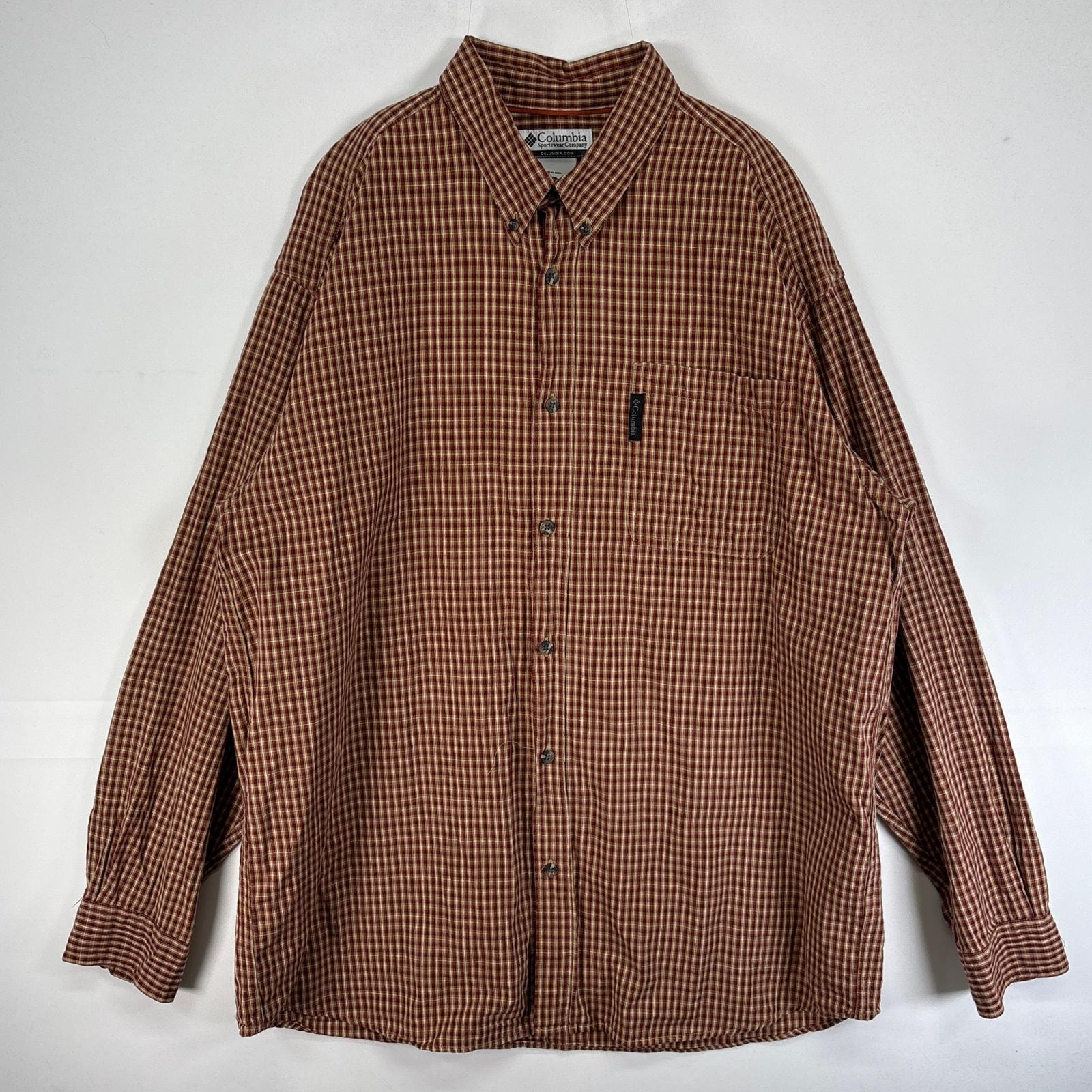 古着 コロンビア Columbia 長袖シャツ チェック 大きいサイズ ワンポイント ロゴ XL オレンジ系 マルチカラー メンズ