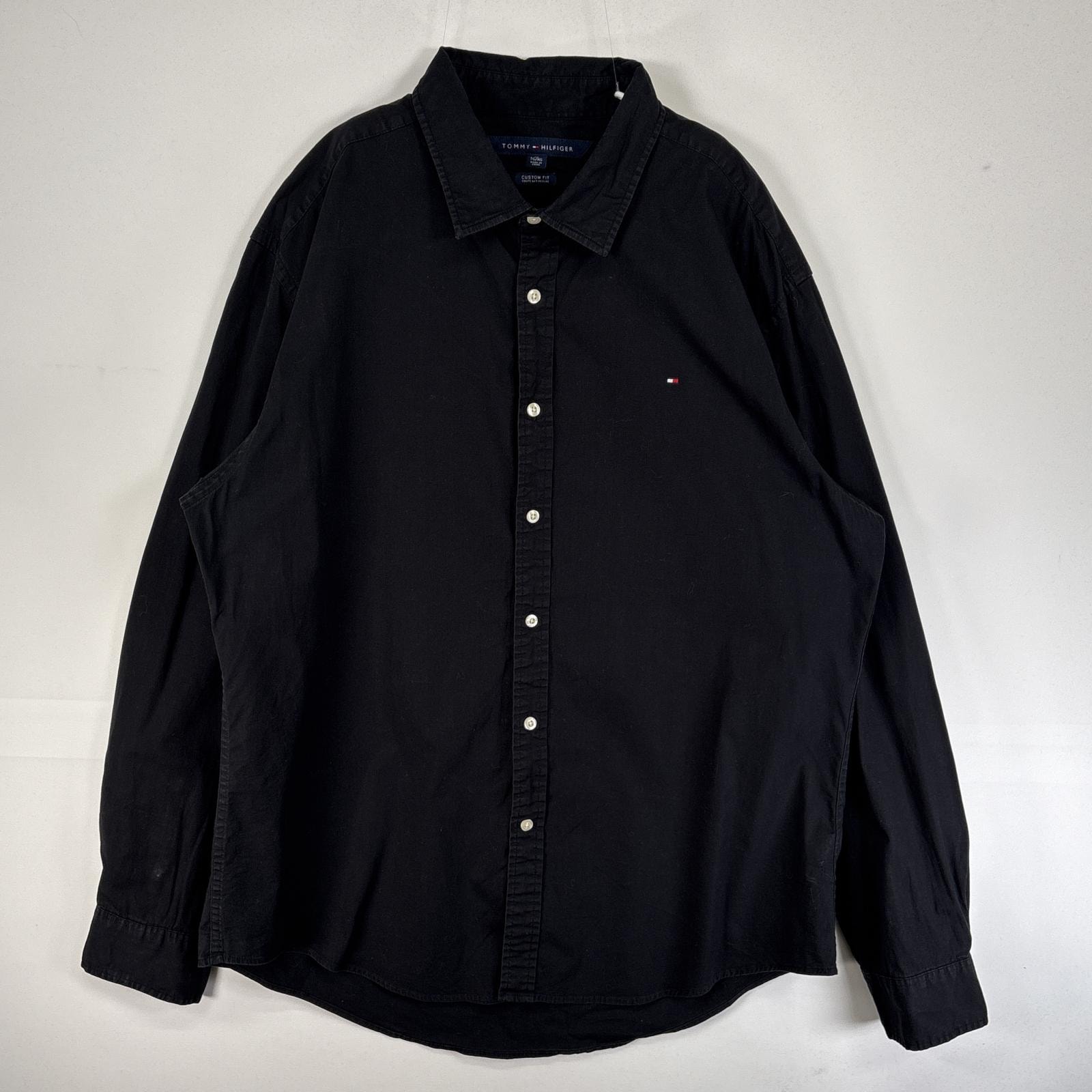 古着 トミーヒルフィガー TOMMY HILFIGER 長袖シャツ ロゴ 刺繍 大きいサイズ XL  ブラック 無地 メンズ