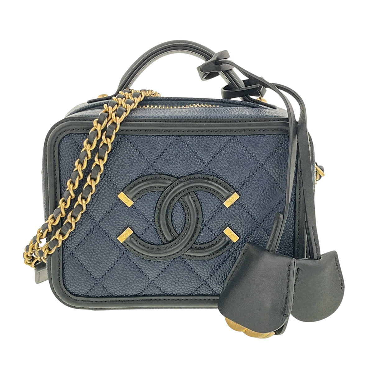 CHANEL シャネル ココマーク キルティング CCフィリグリー 2WAY バニティバッグ ショルダーバッグ キャビアスキン ネイビー ブラック  レディース【中古】