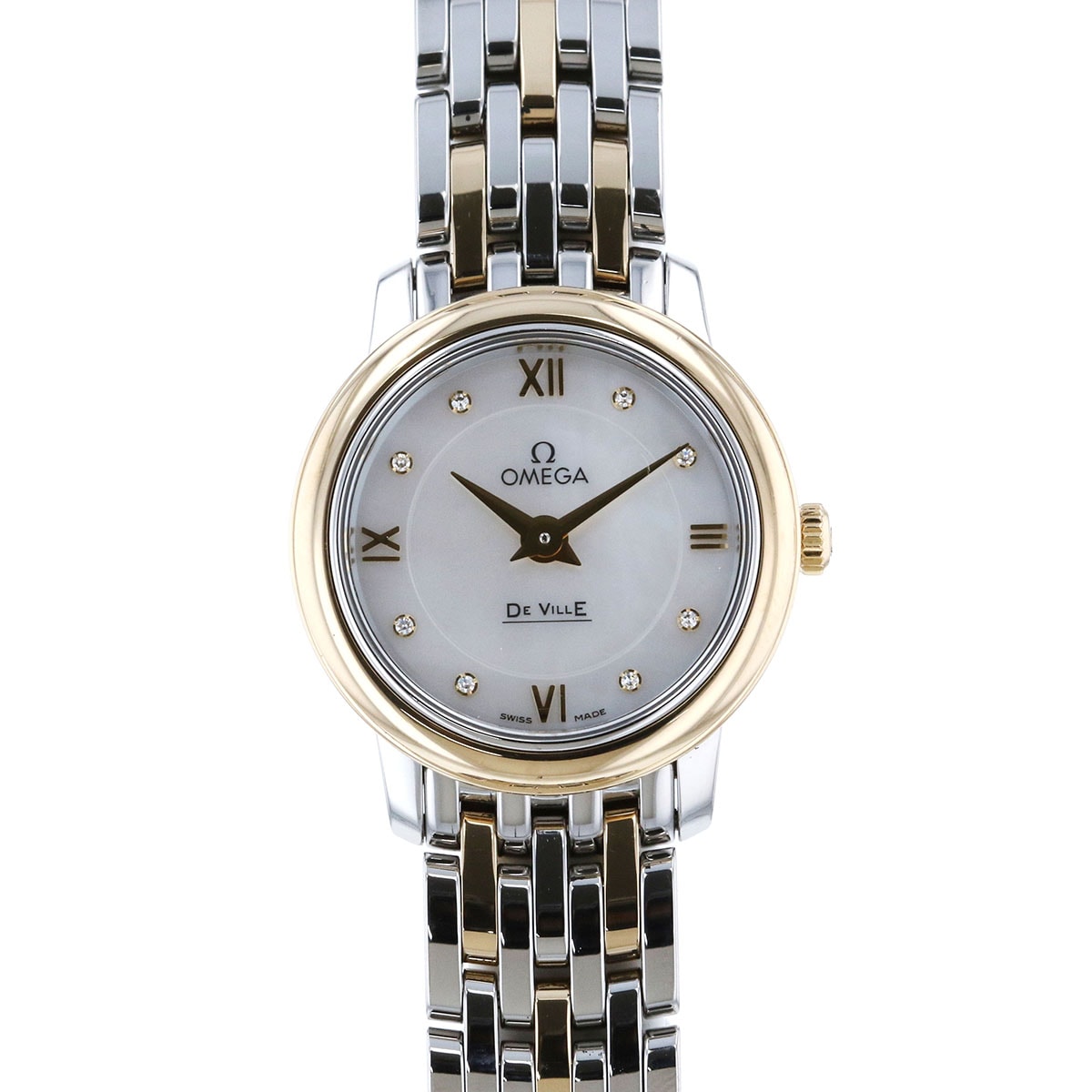 OMEGA オメガ デビル 8P ダイヤ シェル文字盤 クオーツ 腕時計 424.20.24.60.55. ステンレススチール イエローゴールド シルバー ゴールド レディース【中古】