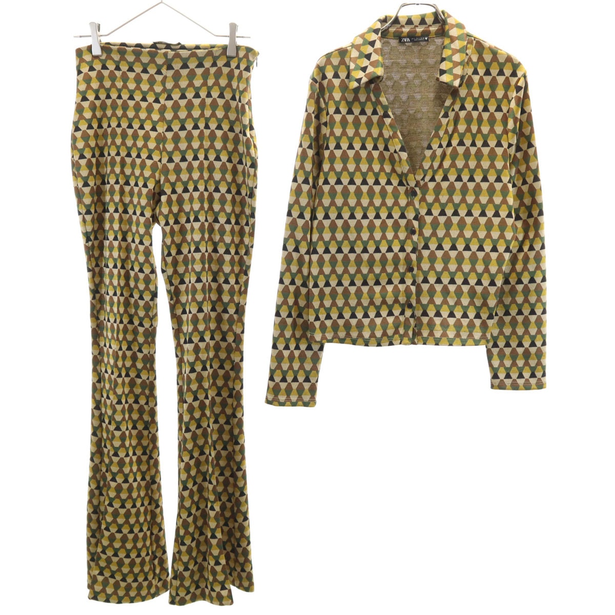 ZARA ザラ 総柄 長袖 スキッパー シャツ 上下セットアップ L マスタード系