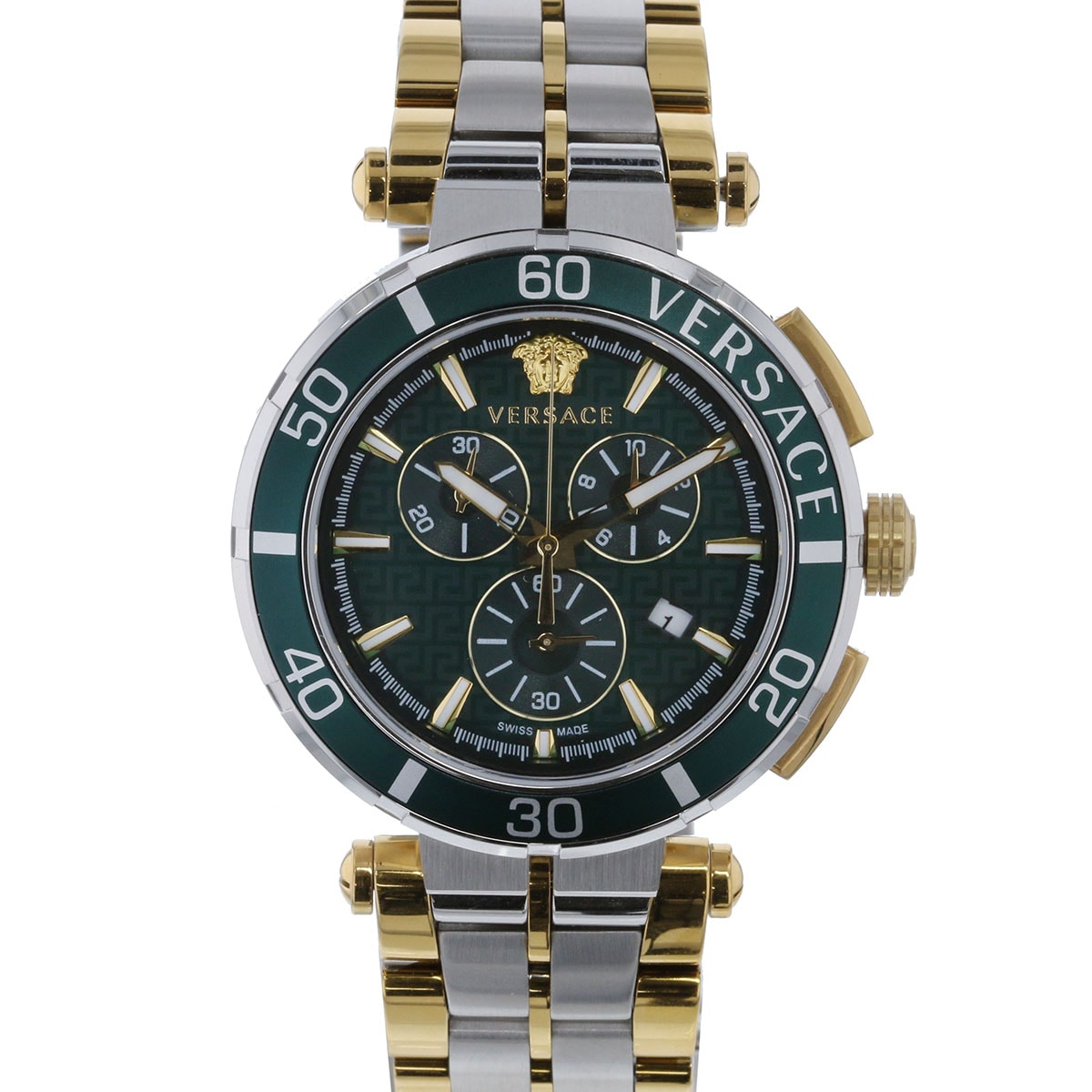 VERSACE ヴェルサーチェ グレカ クロノ クォーツ 腕時計 VE3L00422 ステンレススチール グリーン メンズ【中古】