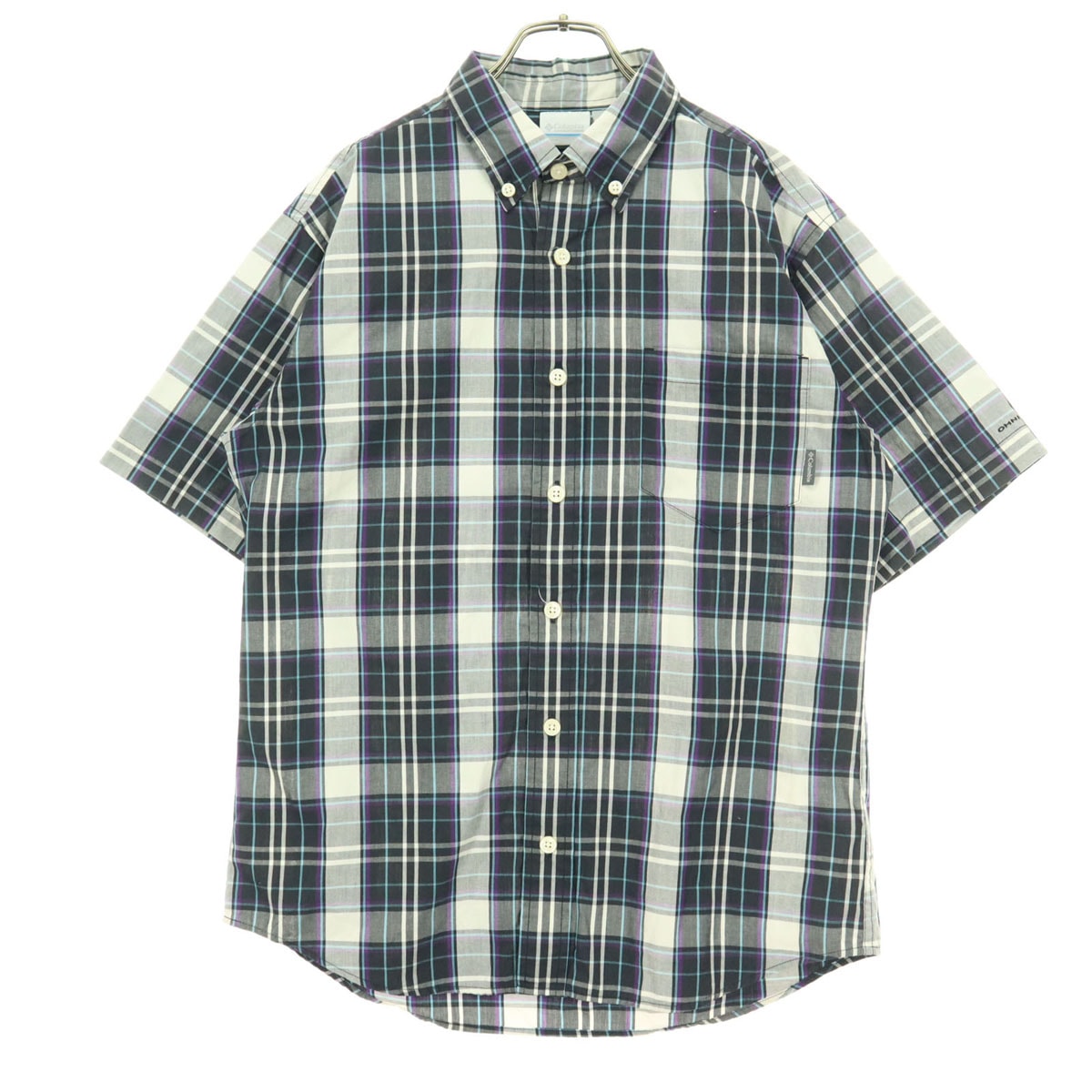 美品 Columbia コロンビア チェック柄 半袖 ボタンダウンシャツ M グレー系