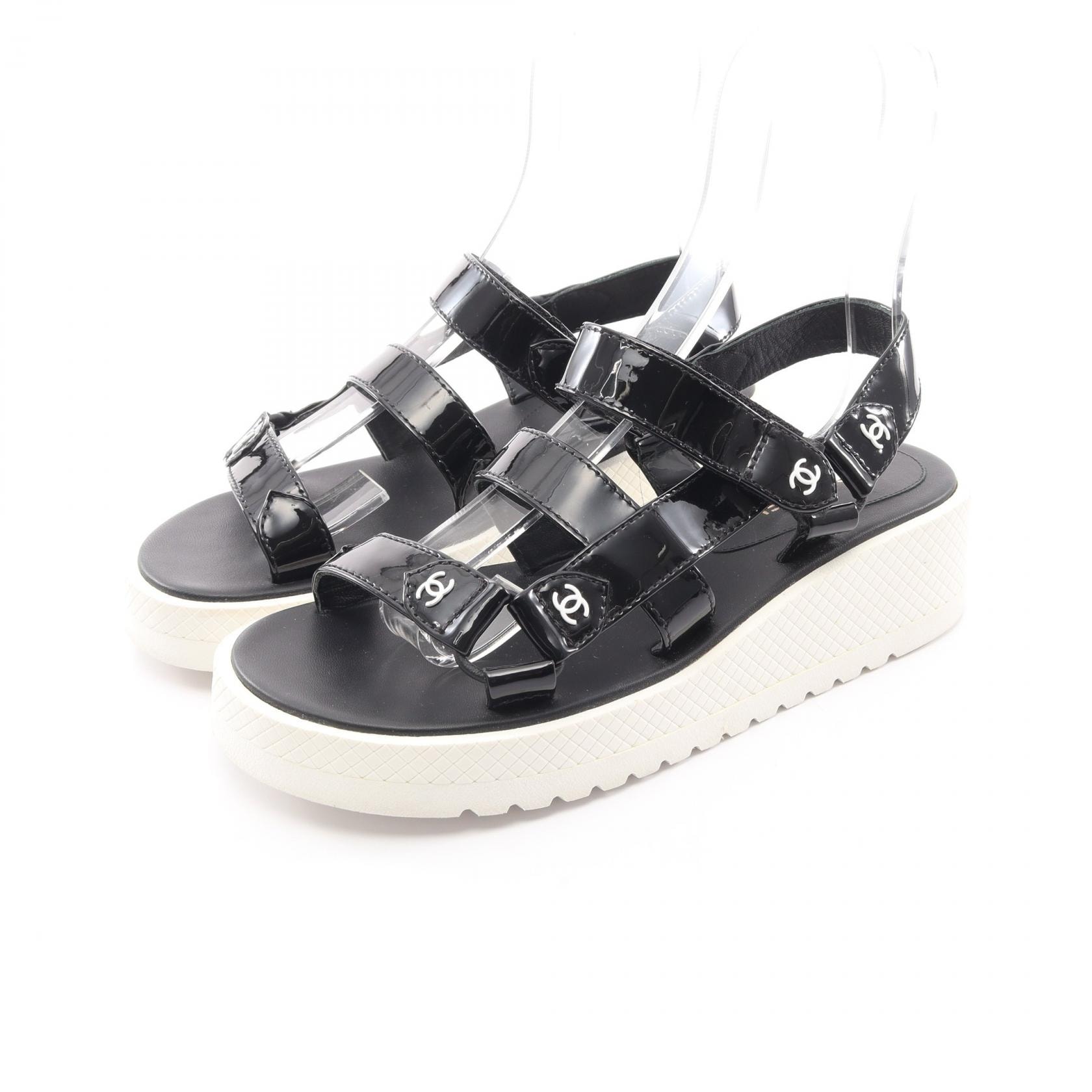 シャネル CHANEL ココマーク サンダル 靴 パテントレザー レザー レディース ブラック系 / ホワイト系 【中古】