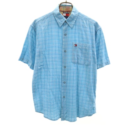 TOMMY HILFIGER トミーヒルフィガー チェック柄 半袖 コットンシャツ M 水色