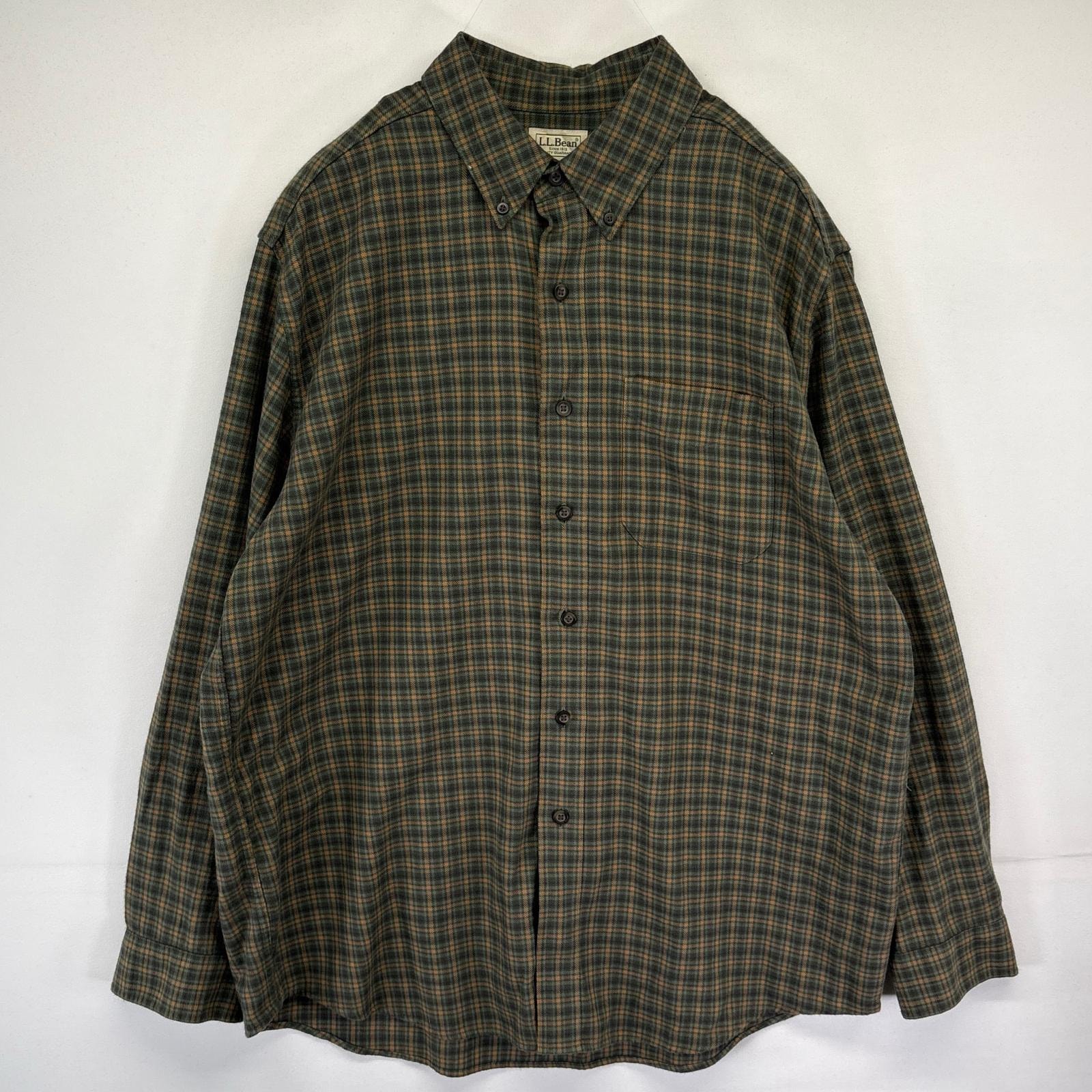 古着 エルエルビーン L.L.Bean 長袖シャツ ボタンダウン チェック柄 ネルシャツ 胸ポケット L グリーン系 メンズ