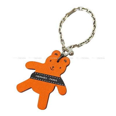 【渋谷並木橋店】2011年ベルリン限定 HERMES エルメス バッグチャーム くま ベア ボルデュック リボン オレンジ スイフト シルバー金具 新品同様【中古】