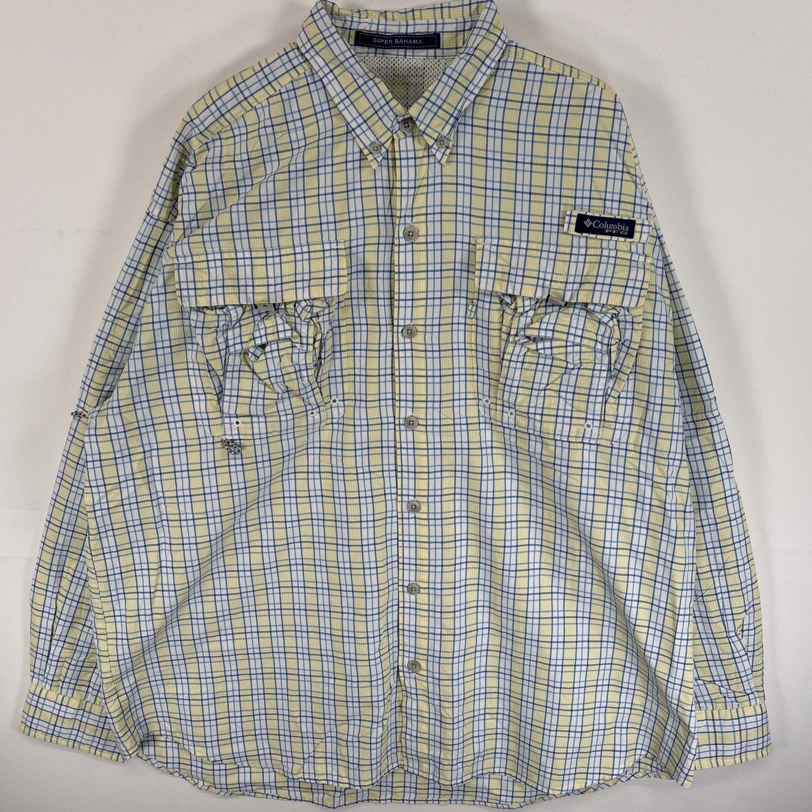 古着 コロンビア Columbia 長袖シャツ PFG フラップポケ ワンポイント ロゴ  イエロー系 チェック メンズ