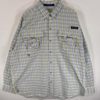 古着 コロンビア Columbia 長袖シャツ PFG フラップポケ ワンポイント ロゴ イエロー系 チェック メンズ