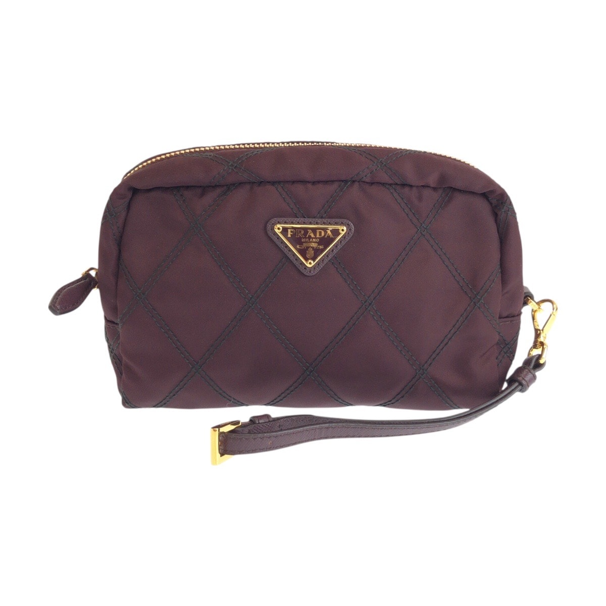美品 PRADA プラダ 三角ロゴプレート テスート ワインレッド ボルドー ゴールド金具 ナイロン レザー/ ポーチ 化粧ポーチ アクセサリーポーチ 602630 【中古】