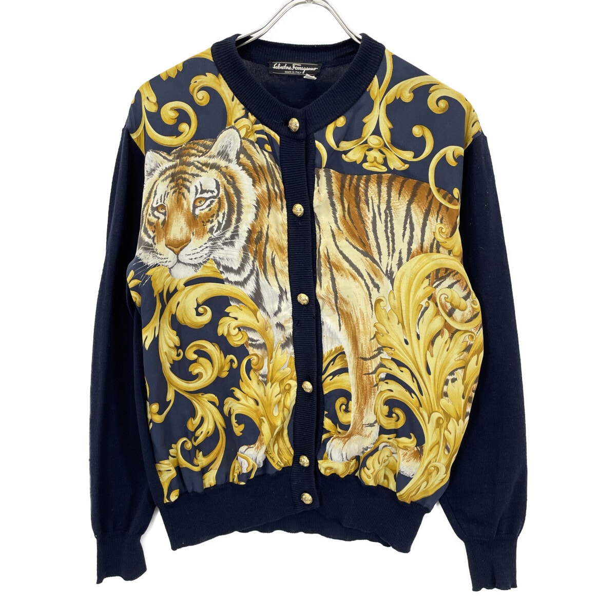 サルヴァトーレフェラガモ ネイビー タイガー 金ボタン カーディガン S