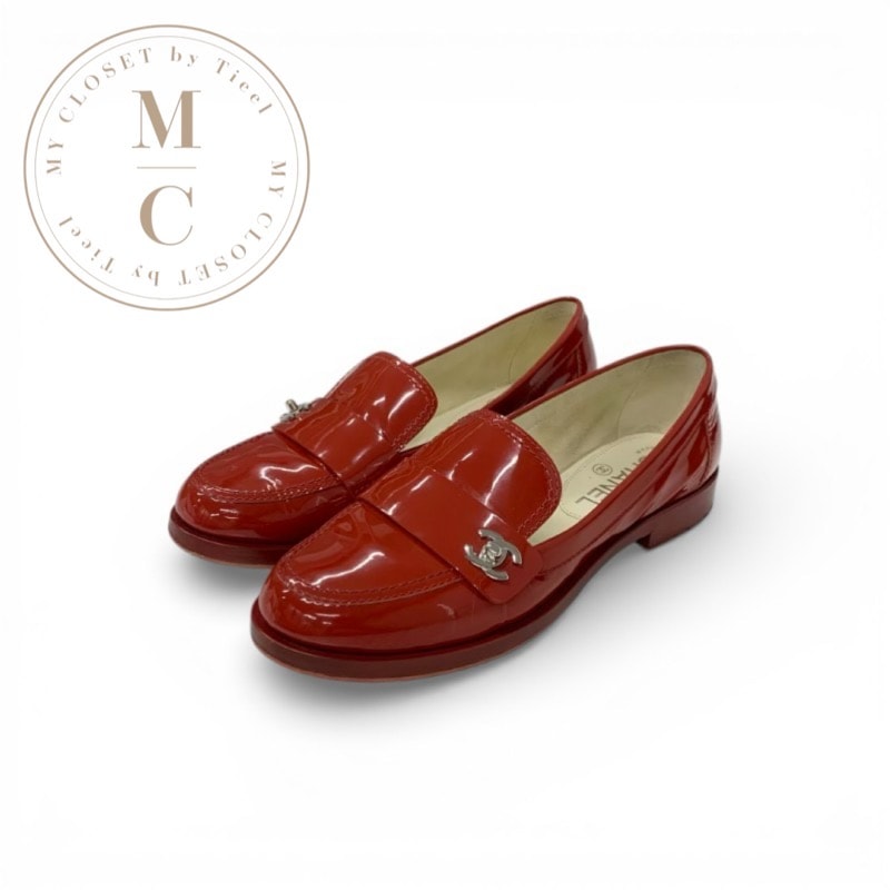 シャネル CHANEL ローファー 革靴 靴 シューズ パテント レッド シルバー ココマーク ターンロック