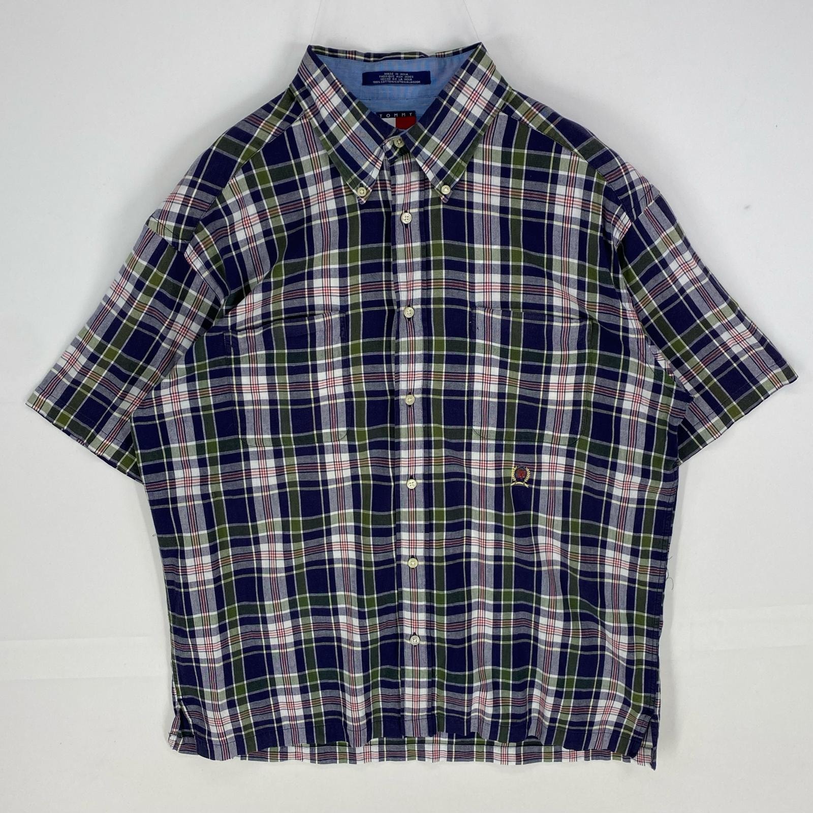 古着 90's/90年代 トミーヒルフィガー TOMMY HILFIGER 半袖シャツ ボタンダウン ショートスリーブ  ネイビー系 チェック メンズ