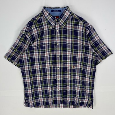 古着 90's/90年代 トミーヒルフィガー TOMMY HILFIGER 半袖シャツ ボタンダウン ショートスリーブ ネイビー系 チェック メンズ