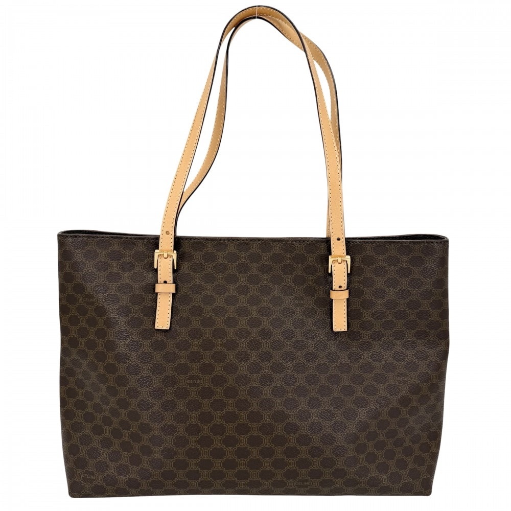 CELINE セリーヌ トートバッグ マカダム ハンドバッグ 肩掛け PVCコーティングキャンバス  レザー   ブラウン 茶 ゴールド金具 レディース【中古品】