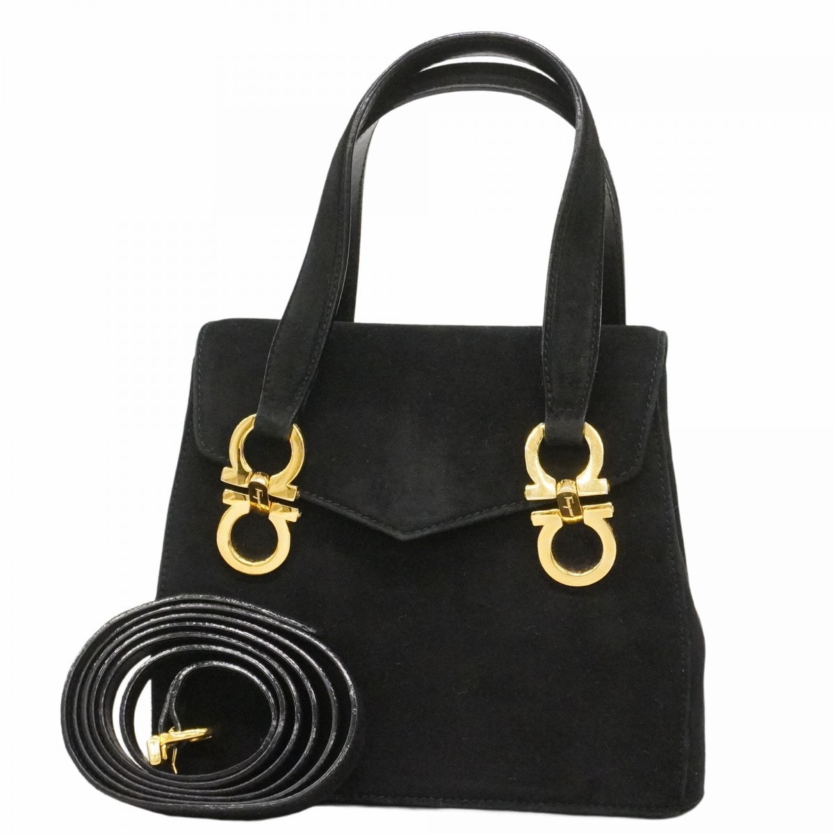 【6dc3719】サルヴァトーレフェラガモ ハンドバッグ ガンチーニ スウェード ブラック ゴールド金具 2wayバッグ【中古】レディース