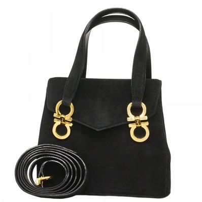 【6dc3719】サルヴァトーレフェラガモ ハンドバッグ ガンチーニ スウェード ブラック ゴールド金具 2wayバッグ【中古】レディース