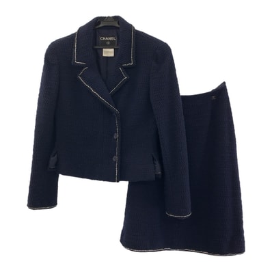 美品 CHANEL シャネル ツイード ココマーク ラインストーン サイズ36 ネイビー シルク ウール/ ナイロン/ スーツ セットアップ ジャケット 504581 【中古】