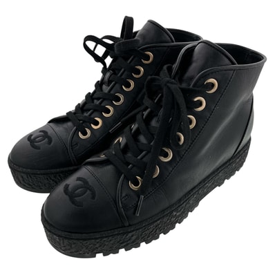 CHANEL シャネル レースアップ ブーツ 約23cm G39098 レザー ブラック レディース【中古】