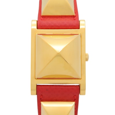 エルメス HERMES メドール 腕時計 時計 GP(ゴールドメッキ) レザーベルト レディース ホワイト系 ME1.201 【中古】