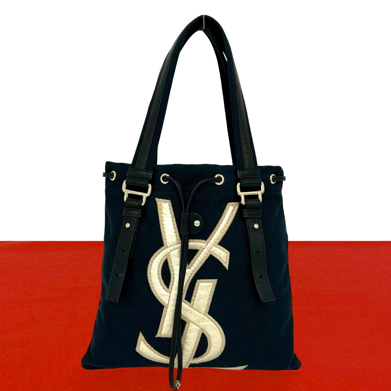 YVES SAINT LAURENT イヴ・サンローラン YSL ロゴ キャンバス レザー トートバッグ ブラック
 44426