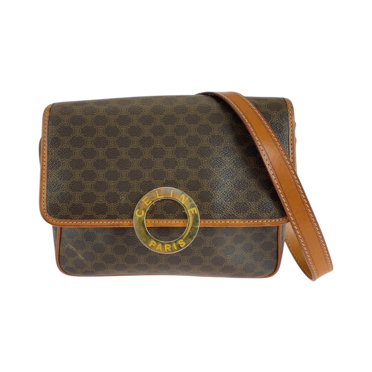 CELINE セリーヌ ヴィンテージ マカダム柄 サークルロゴ ブラウン ゴールド金具 PVC ショルダーバッグ ポシェット 501613 【中古】