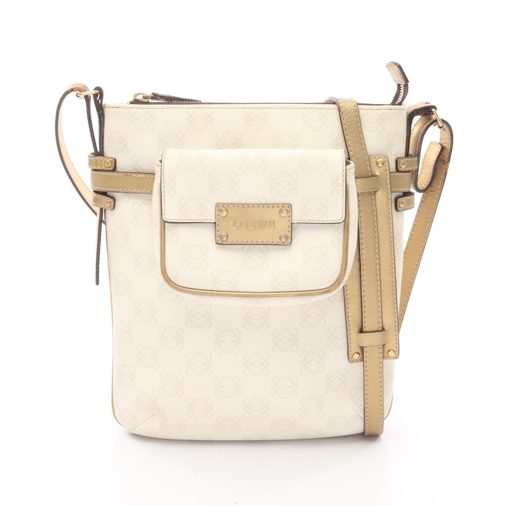 ロエベ LOEWE リピートアナグラム ショルダーバッグ バッグ PVCコーティングキャンバス レザー レディース ホワイト系 / ゴールド系 【中古】