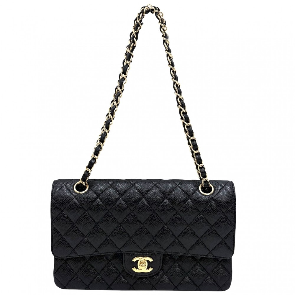 CHANEL シャネル ショルダーバッグ マトラッセ25 ダブルフラップ ダブルチェーン 肩掛け 斜め掛け チェーンショルダー ココマーク ターンロック  キャビアスキン   ブラック 黒 ゴールド金具 レディース【中古品】