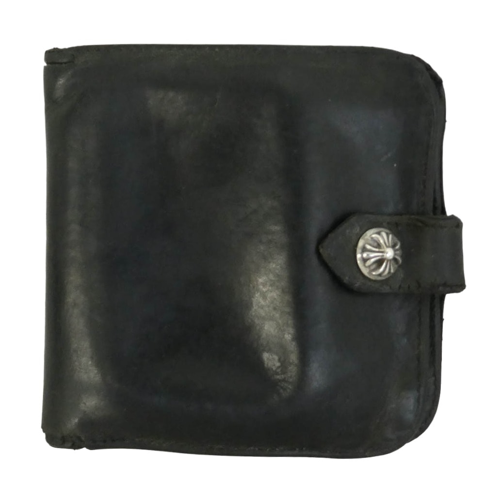 CHROME HEARTS クロムハーツ(原本無) SQ BTN BILL スクエア ボタン ビル フラップ ダガー クロスボタン レザー ウォレット 二つ折り財布 ブラック系【中古】