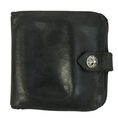 CHROME HEARTS クロムハーツ(原本無) SQ BTN BILL スクエア ボタン ビル フラップ ダガー クロスボタン レザー ウォレット 二つ折り財布 ブラック系【中古】