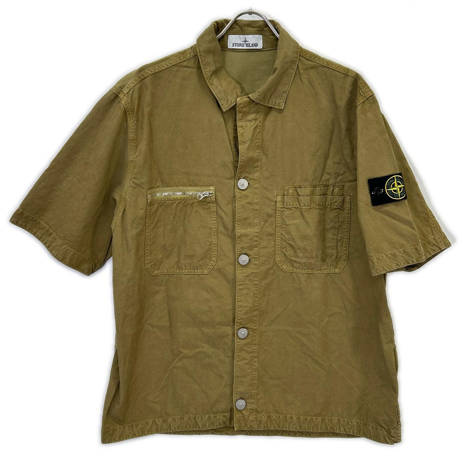ストーンアイランド 23SS 781511429 カーキベージュ コットンキュプラツイル コンパスパッチ メタルロゴボタンショートスリーブシャツ L