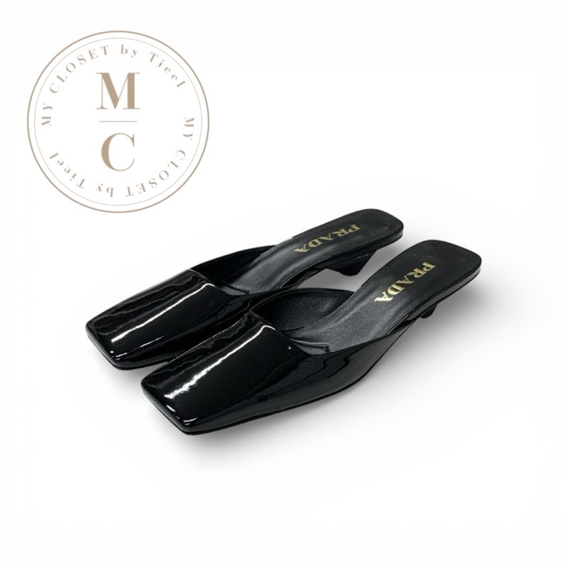 プラダ PRADA サンダル 靴 シューズ パテントレザー ブラック 黒 ヒールロゴ ミュール 未使用