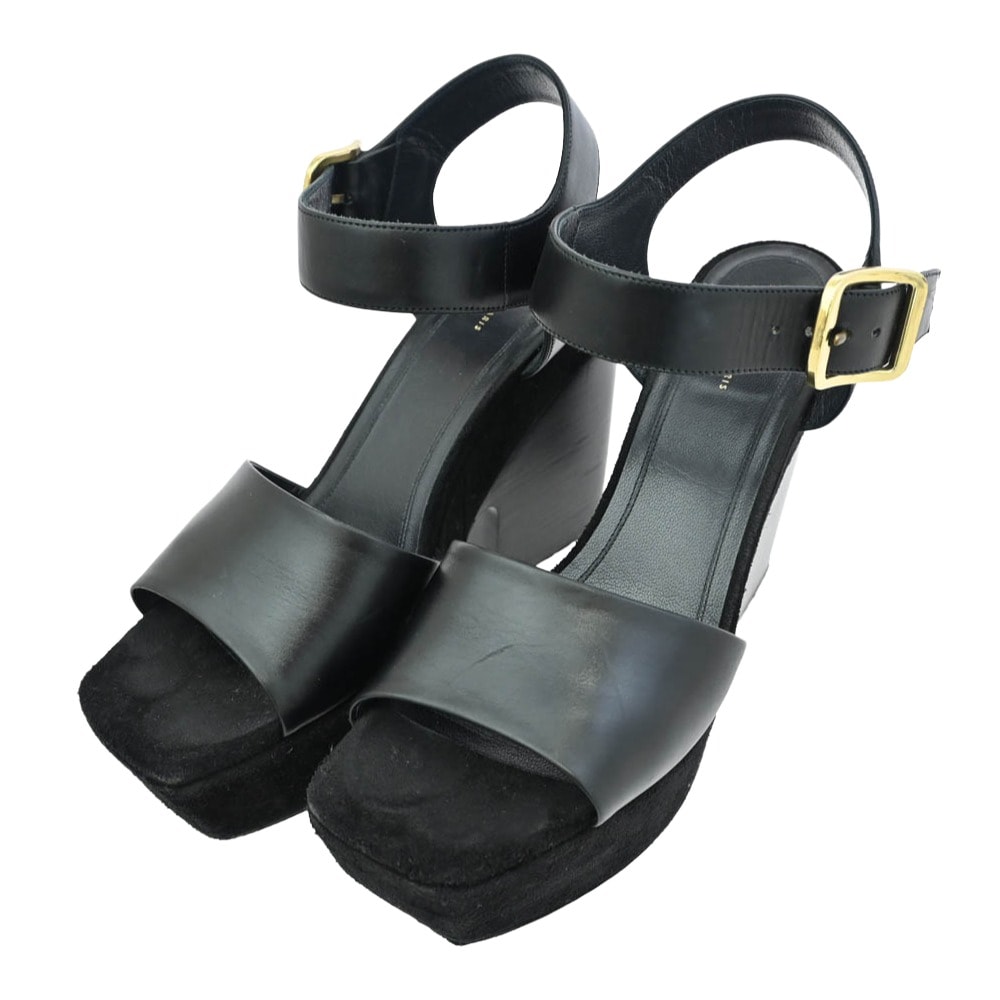 CELINE セリーヌ サンダル 317773CPZC Wedge Sandal アンクルストラップ ベルベット ウェッジ サンダル ブラック系 36.5【中古】
