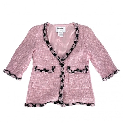 CHANEL シャネル アウター ロゴボタン ノーカラージャケット ツイ―ド アパレル 服 ヴィンテージ 38 ピンク コットン アクリル ポリエステル レディース【中古品】