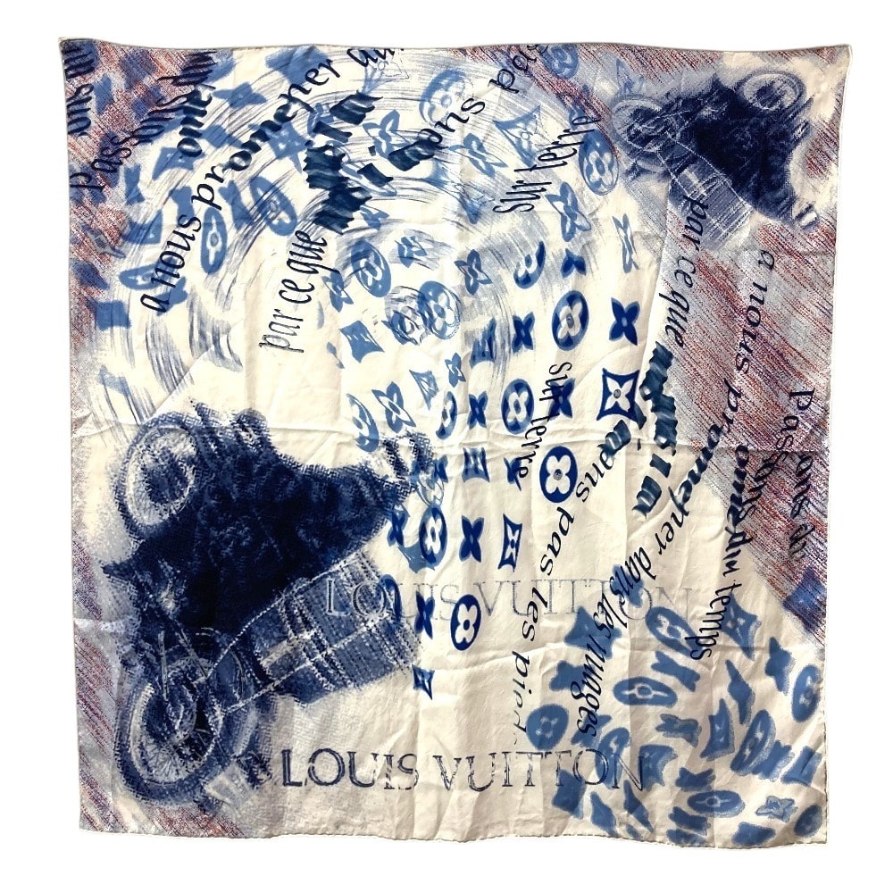 ルイヴィトン LOUIS VUITTON ロゴ スカーフ シルク ブルー