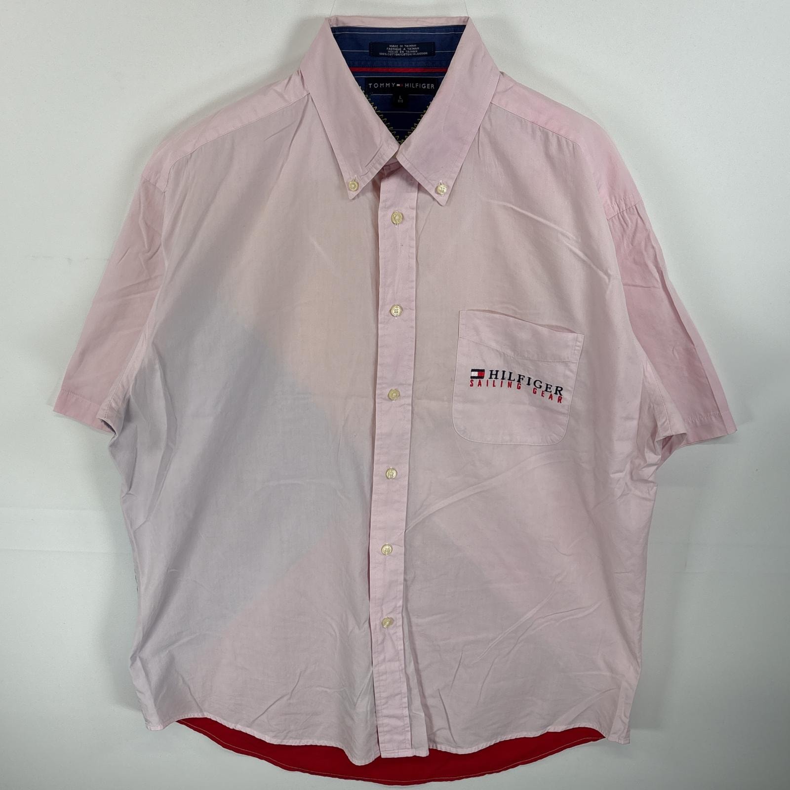 古着 トミーヒルフィガー TOMMY HILFIGER 半袖シャツ ワンポイント 刺繍 ロゴ 胸ポケ SAILING GEAR L  ピンク系 マルチカラー メンズ